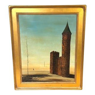 Álvaro Guillot Surrealist Fortress Landscape Oil Painting, Signed For Sale