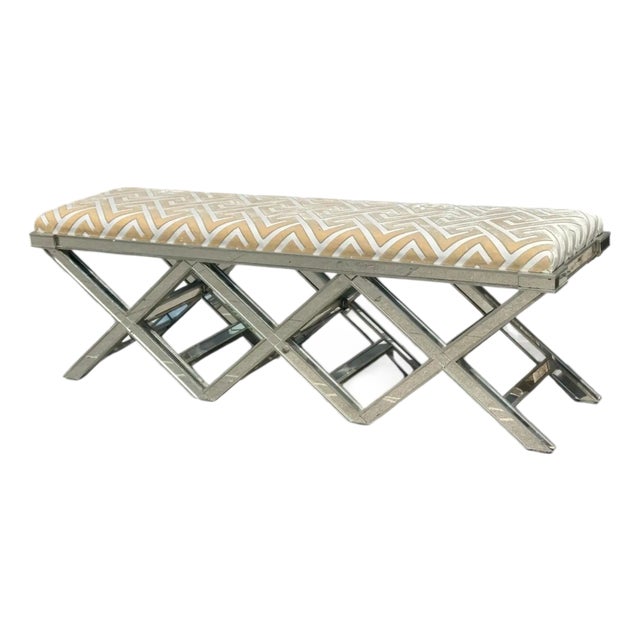Modern Mirrored X Bench With Scalamandre Designer Silk Cut Velvet For Sale