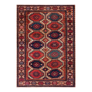 1900s Multicolor Geometric Tribal Antique Caucasian Moghan Rug 5'0" X 7'0" Handknotted Wool Carpet For Sale