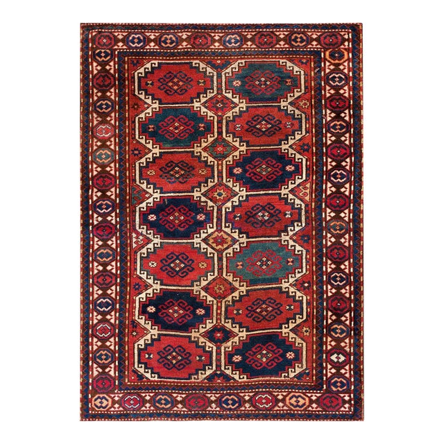 1900s Multicolor Geometric Tribal Antique Caucasian Moghan Rug 5'0" X 7'0" Handknotted Wool Carpet For Sale