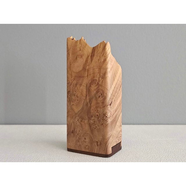 1980s Michael Elkan Signed Hand-Carved Curly Maple Burl Desk Clock With Hidden Compartment For Sale - Image 5 of 9