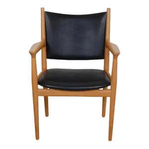 Jh 713 Armchair in Black Leather and Oak Frame by Hans J Wegner