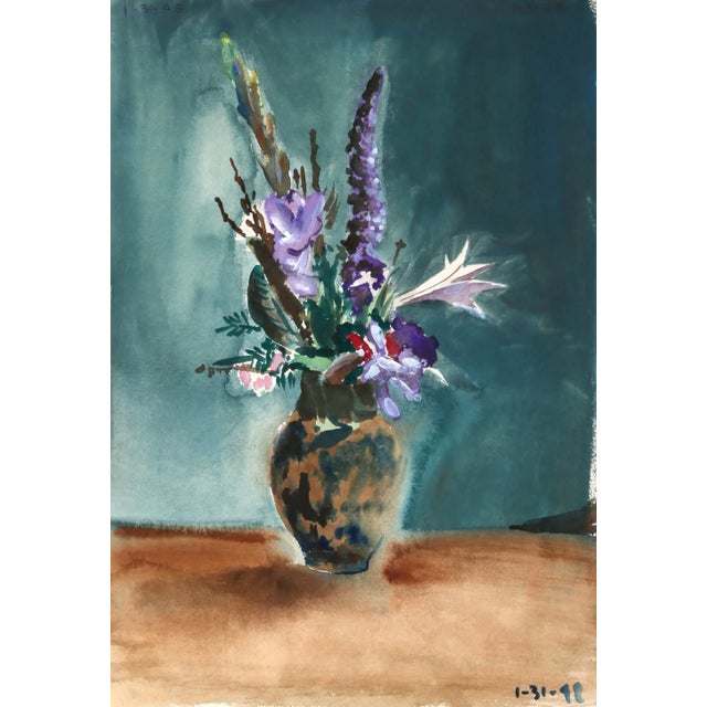 Complemented by the deep teal background, the purple floral arrangement curves over the edges of the tall decorated vase...