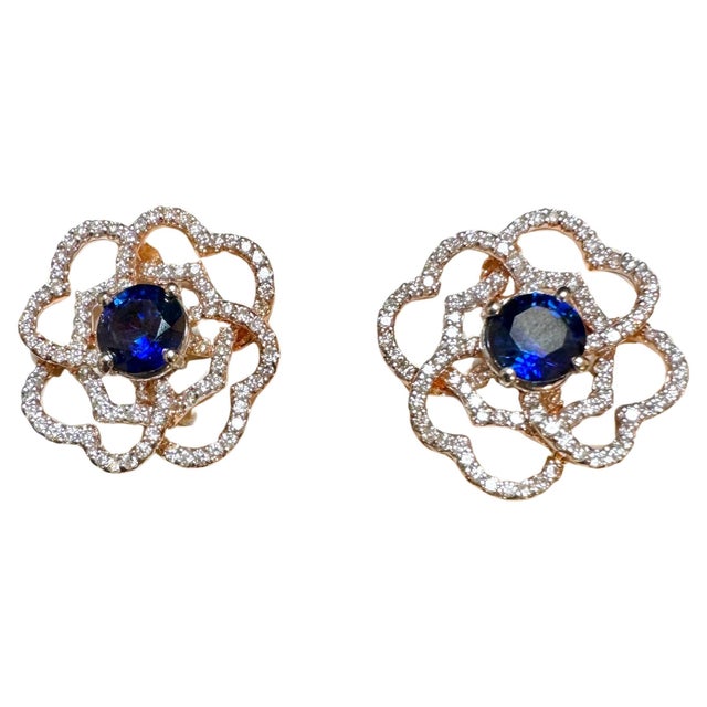 1 Carat Each Sapphire Diamond Flower/Cluster Earring 14 Karat Rose Gold For Sale - Image 4 of 18