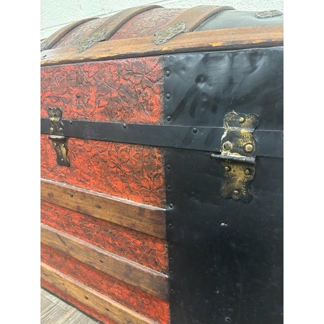 Antique Victorian Dome Top Embossed Immigrant Trunk Steamer Trunk For Sale - Image 18 of 18