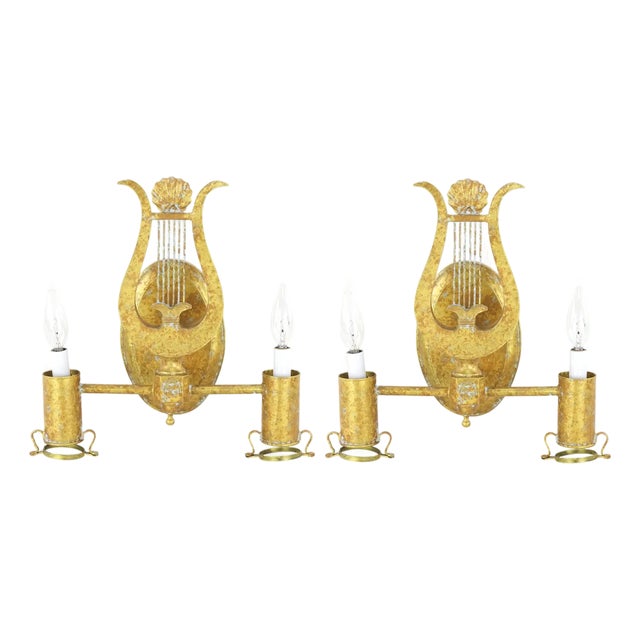 Vintage Lyre Design Paris Wall Lamps - Toler Wall Lamps by Brunschwig & Fils - a Pair For Sale