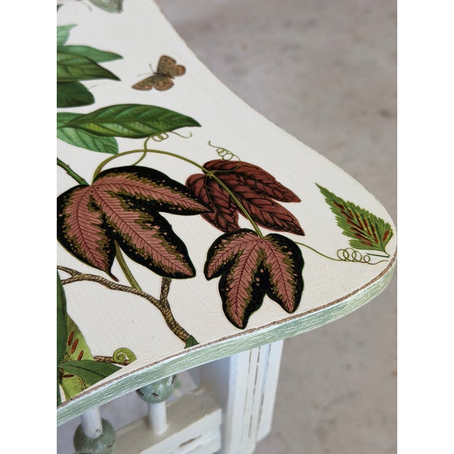 Victorian Vintage Custom Painted Tropical Decoupage Spindle Side Table For Sale - Image 3 of 12