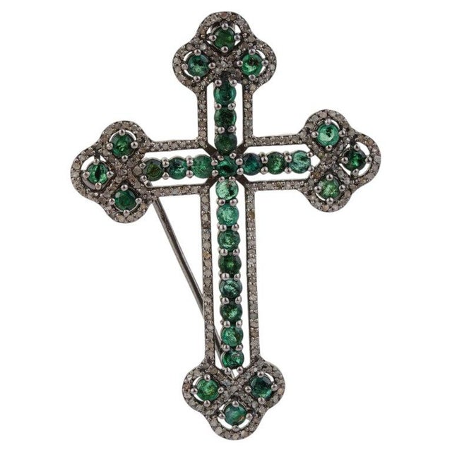 Emerald Royal Victorian Style Emerald & Diamond Cross Brooch Pendant in 925 Sterling Silver For Sale - Image 8 of 14