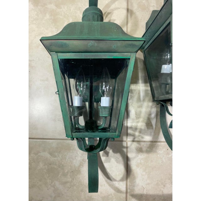 Pair of Vintage Solid Brass Outdoor Wall Lanterns - 22”h X 7”.5 W X 7”.5 D For Sale In Miami - Image 6 of 16