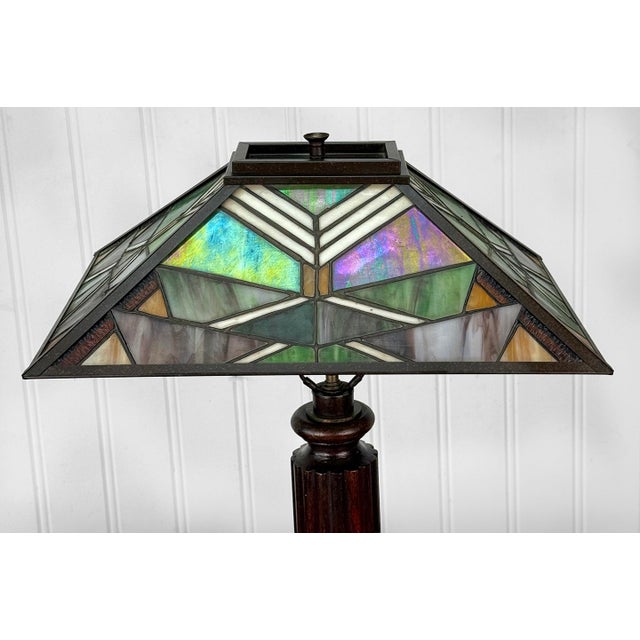 Antique Arts & Crafts Slag Glass Oak Table Lamp For Sale - Image 4 of 12