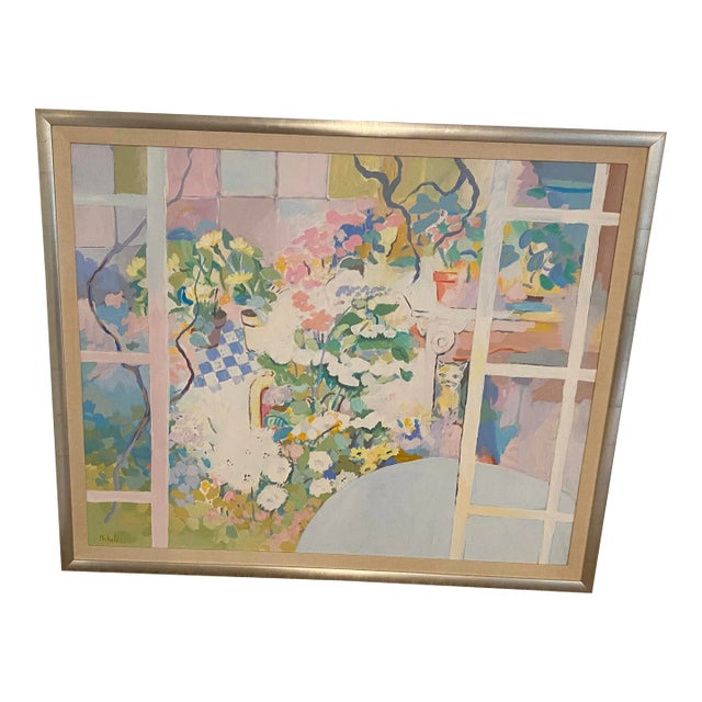 Original Acrylic Framed Painting of a Window Looking Into an Interior With Furniture, Flowers and a Cat. 66" X 53.75" For Sale