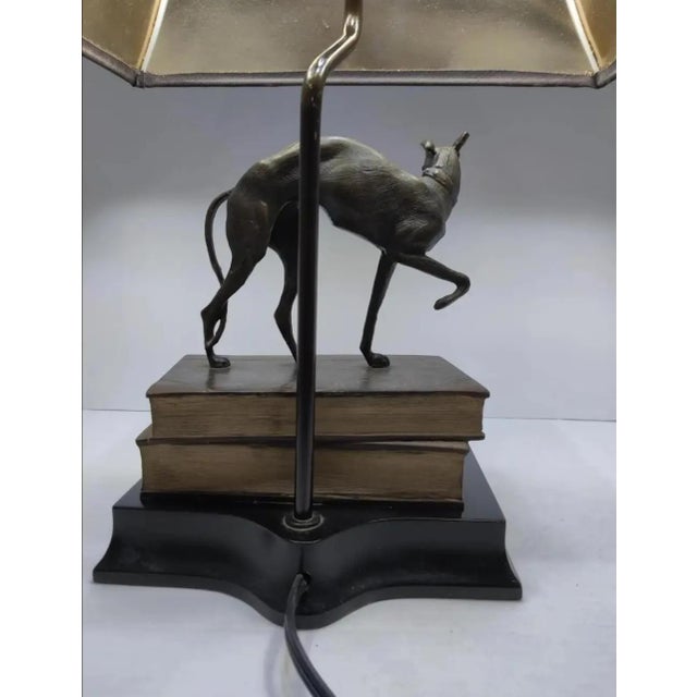 Wood Vintage 1980s Bronze Whippet / Greyhound Dog Standing on Stacked Books Lamp For Sale - Image 7 of 12