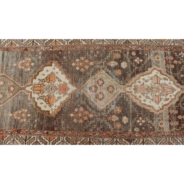 Textile Antique Persian Long Malayer Runner Medallion Design in Brown, Gray, Steel Blue 3'5 X 18' For Sale - Image 7 of 13