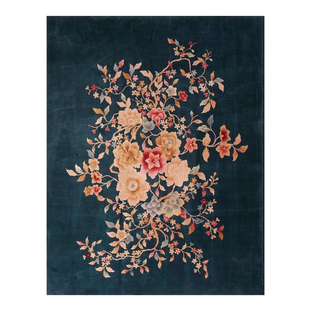 1930s Black Floral Modern Antique Chinese Art Deco Rug 7'10" X 9'8" Handknotted Wool Carpet For Sale