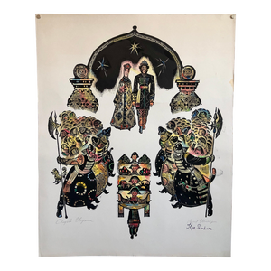 Ilya Shenker, Post Soviet Avant Garde Woodcut Print With Hand Watercolor Painting, c.1960s