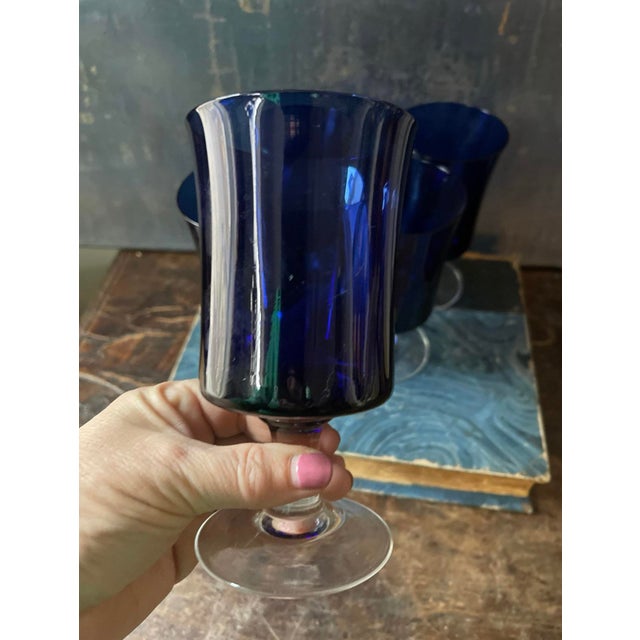 Early 20th Century Deep Blue Sasaki Wineglasses Coastal Decor Jewel Tones - Set of Five (5) For Sale - Image 4 of 7