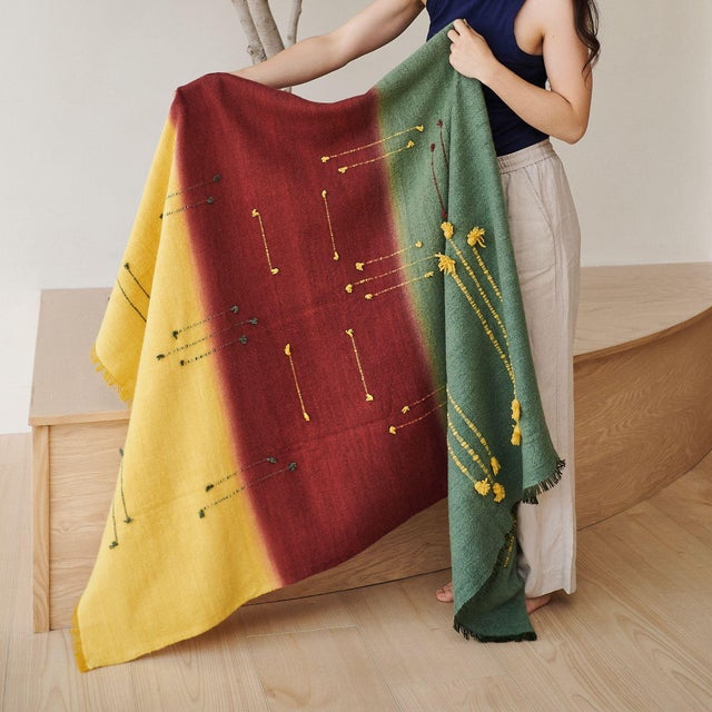 Avocado Avocado Green Multi Color Warm Hues Hand Woven Hand Knotted Textured Merino Throw For Sale - Image 8 of 10