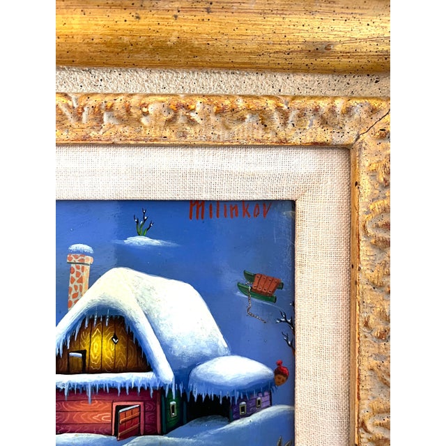 Ljubomir Milinkov, Folk Art Naive Oil Painting Ljubomir Milinkov Whimsical Pastoral Farm Landscape For Sale - Image 4 of 18