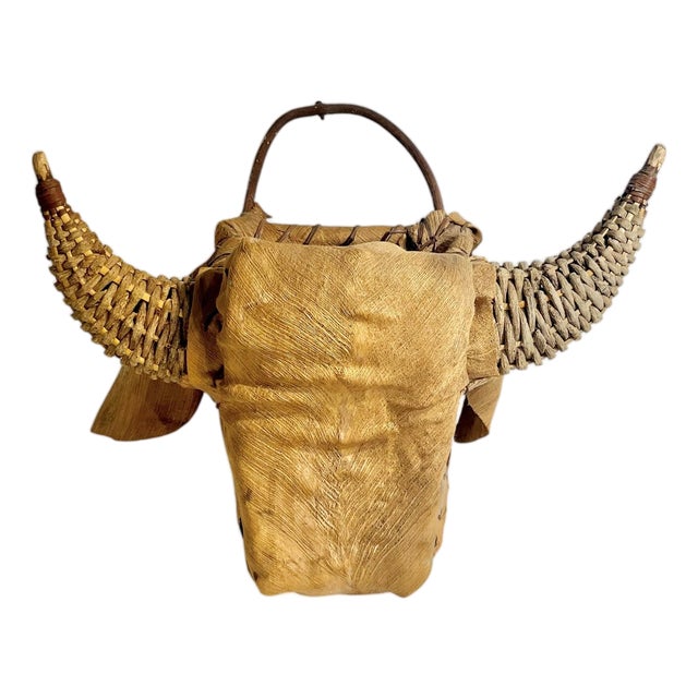 Vintage Woven Bull Head Wall Sculpture | Folk Art Rattan Mount, 1970s For Sale
