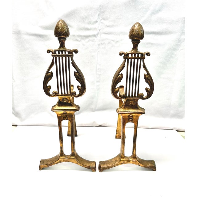 Mid 20th Century Brass Lyre Andirons - Neoclassical Fireplace Decor, Pair For Sale - Image 4 of 7