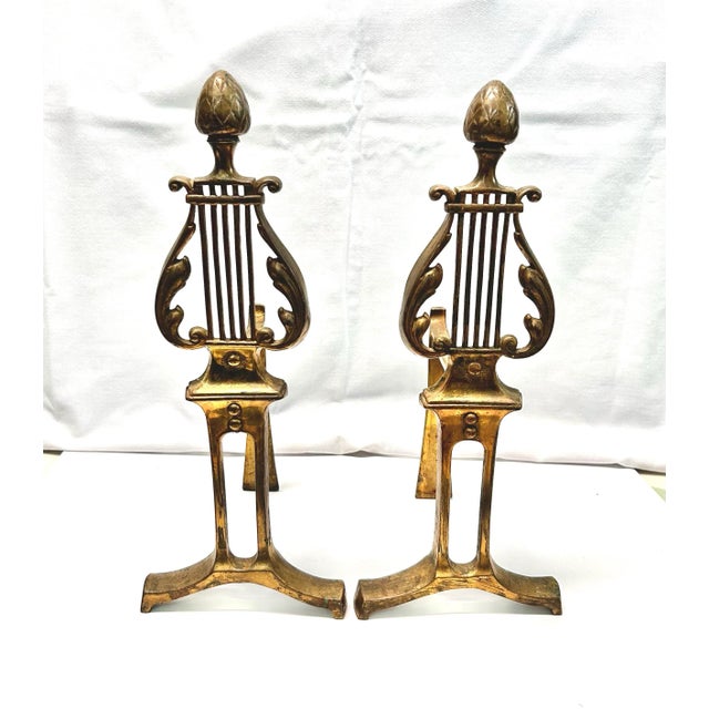 Vintage Brass Lyre Andirons – Neoclassical Hollywood Regency Fireplace Decor, Pair For Sale - Image 4 of 7