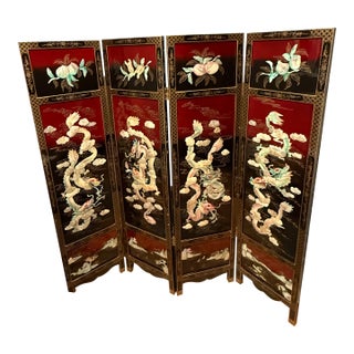 1960s Chinese Carved Lacquer Dragon Folding Screen (4-Panel) With Mother-of-Pearl Inlay For Sale