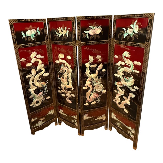 1960s Chinese Carved Lacquer Dragon Folding Screen (4-Panel) With Mother-of-Pearl Inlay For Sale