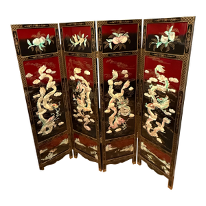 1960s Chinese Carved Lacquer Dragon Folding Screen (4-Panel) With Mother-of-Pearl Inlay