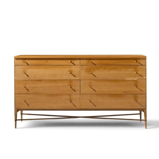 Paul McCobb for Calvin Mid Century Mahogany and Brass X Base Lowboy Dresser This lowboy measures: 66 wide x 19.25 deep x...