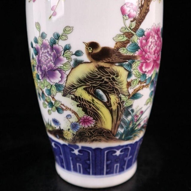 Mid 20th Century Pair of Chinese Porcelain Vases, Famille Rose Bird and Peony Floral Vases For Sale - Image 9 of 9