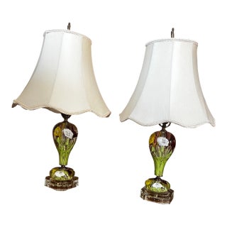 Vintage St. Clair House of Glass Paperweight Lamps Orig. Morlee Shades - a Pair For Sale