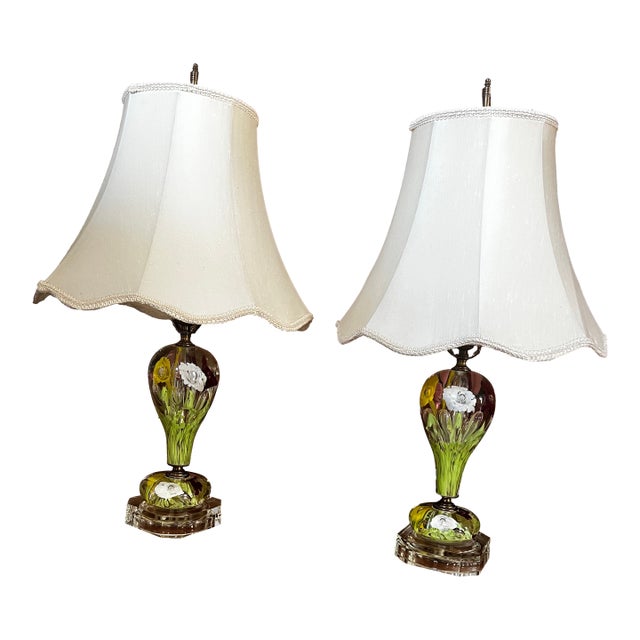 Vintage St. Clair House of Glass Paperweight Lamps Orig. Morlee Shades - a Pair For Sale