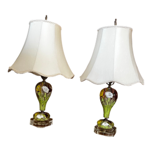 Vintage St. Clair House of Glass Paperweight Lamps Orig. Morlee Shades - a Pair