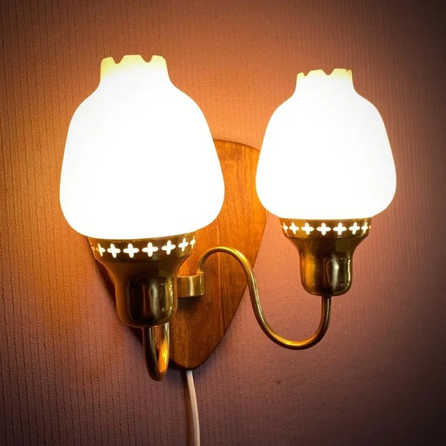 Swedish Modern Brass and Opal Glass Wall Lamp, 1960s For Sale - Image 4 of 9