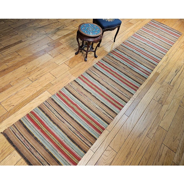 Antique American Amish Rag Runner, Handwoven Wool & Cotton, Stripe Pattern, 3x15 For Sale In Chicago - Image 6 of 16