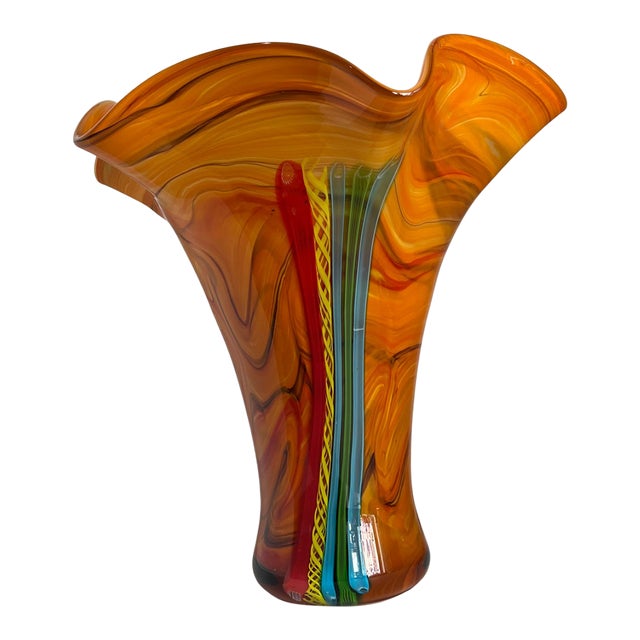 Murano Missoni Style Art Glass Orange Fazoletto Filligrana Vase For Sale