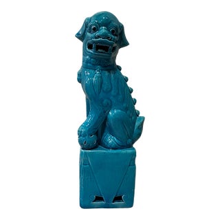 Large MCM Turquoise Glazed Foo Dog Guardian Sculpture For Sale