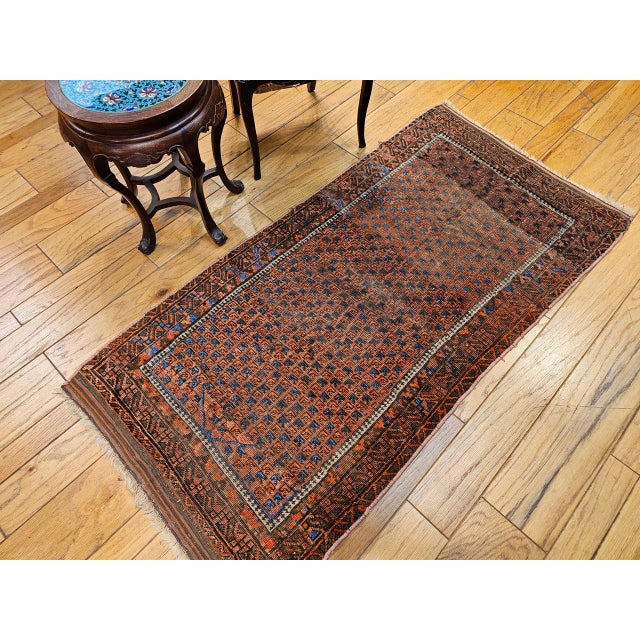 19th Century Turkmen Yomut Area Rug in Allover Geometric Pattern in Dark Red, Brown, French Blue For Sale - Image 9 of 18