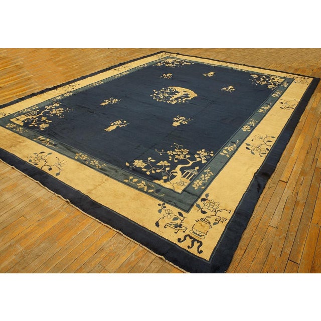 1900s Deep Navy Blue Open Field Chinoiserie Antique Chinese Peking Rug For Sale - Image 4 of 14