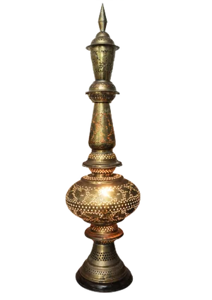 Early 20th Century Middle Eastern Handmade Art Brass Decorative Table Lamp with Pierced Detailing on Wooden Base