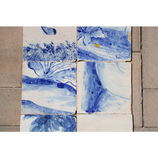 18th Century Antique Set of 6 Baroque Portuguese Tiles, 18th Century Blue & White Scenic and Botanical Details For Sale - Image 5 of 10