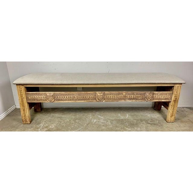 Monumental Spanish Carved Wood Bench, Linen Upholstery, 19th Century For Sale - Image 4 of 13