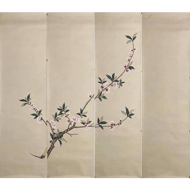 Artisan hand-painted minimalist chinoiserie mural featuring an elegant extending peach blossom branch with soft blush...