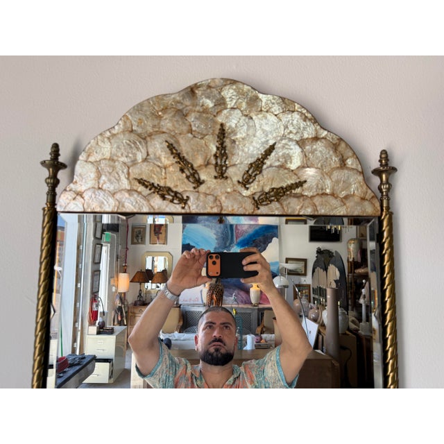 Italian Hollywood Regency Brass & Shell Top Wall Mirror With Beveled Glass For Sale - Image 4 of 11