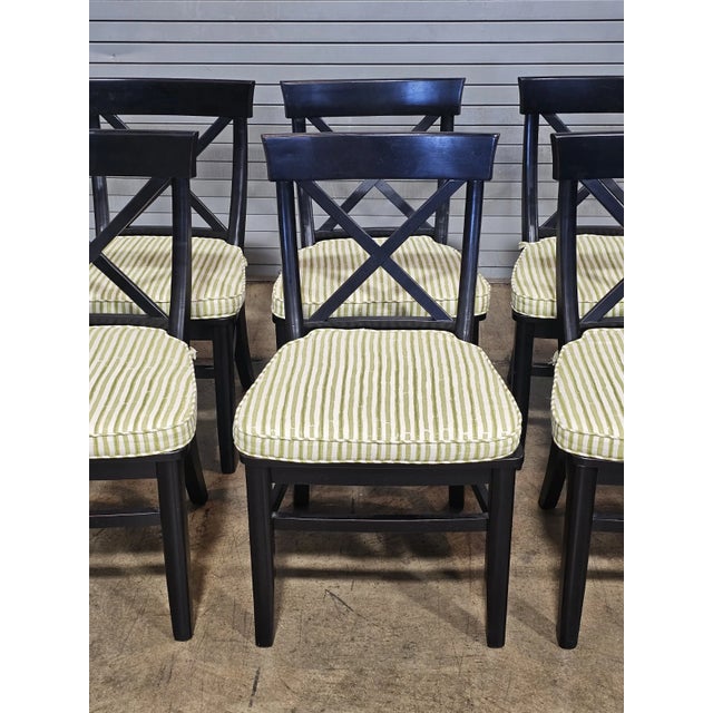 Early 21st Century Set of 6 Pottery Barn Black X Back Dining Chairs With Green Striped Padded Seats For Sale - Image 5 of 13
