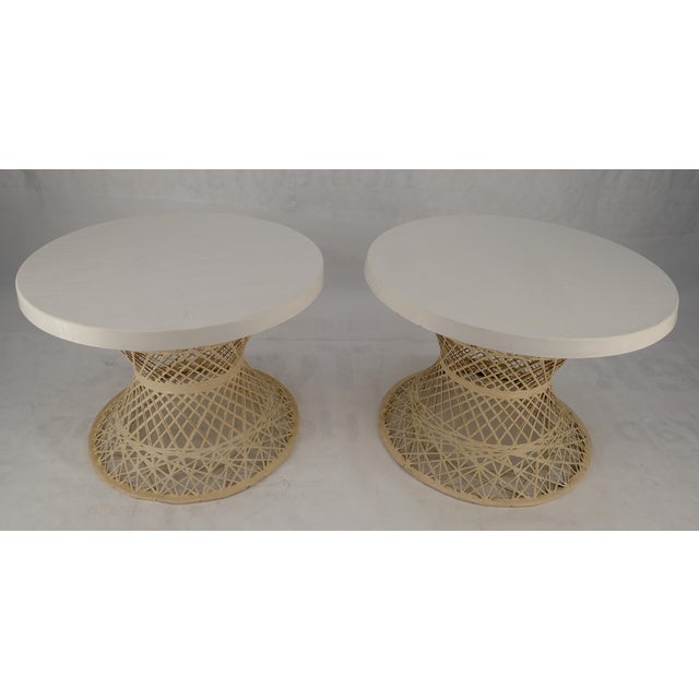 Pair Spun Fiberglass 24" Round Stone Textured Tops End Side Tables Woodard MINT