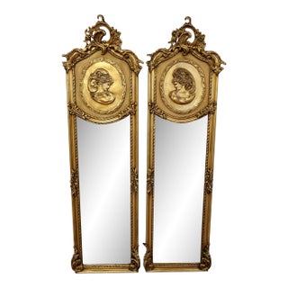 ​​Pair of 1990s Tall Narrow Louis XV French Style Gold Figural Beveled Glass Mirrors For Sale