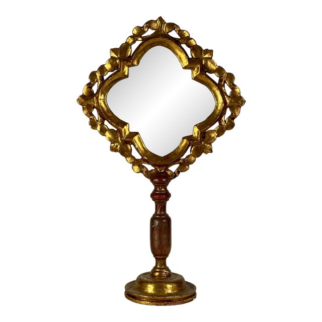Magnificent Vintage Italian Gilt Wood Vanity Mirror on Stand With Aged Glass For Sale