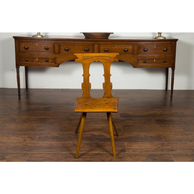 English 1850s Oak Chair with Pierced Back, Carved Inscription and Wooden Seat For Sale In Atlanta - Image 6 of 12