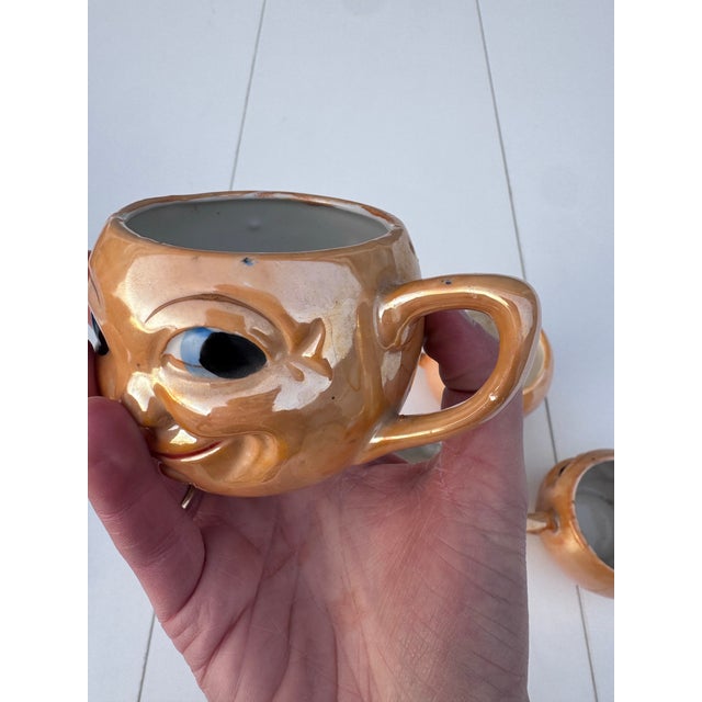 Peach Vintage Anthropomorphic Man in the Moon Porcelain Mugs – Set of 4 Lusterware Figural Cups, Made in Japan (1920s–1930s) Pre-War Novelty Drinkware For Sale - Image 8 of 12